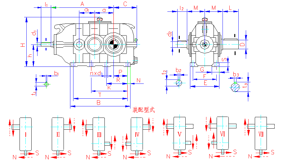 · dcy,dcz型减速器的外形尺寸及装配型式见图5,表5.